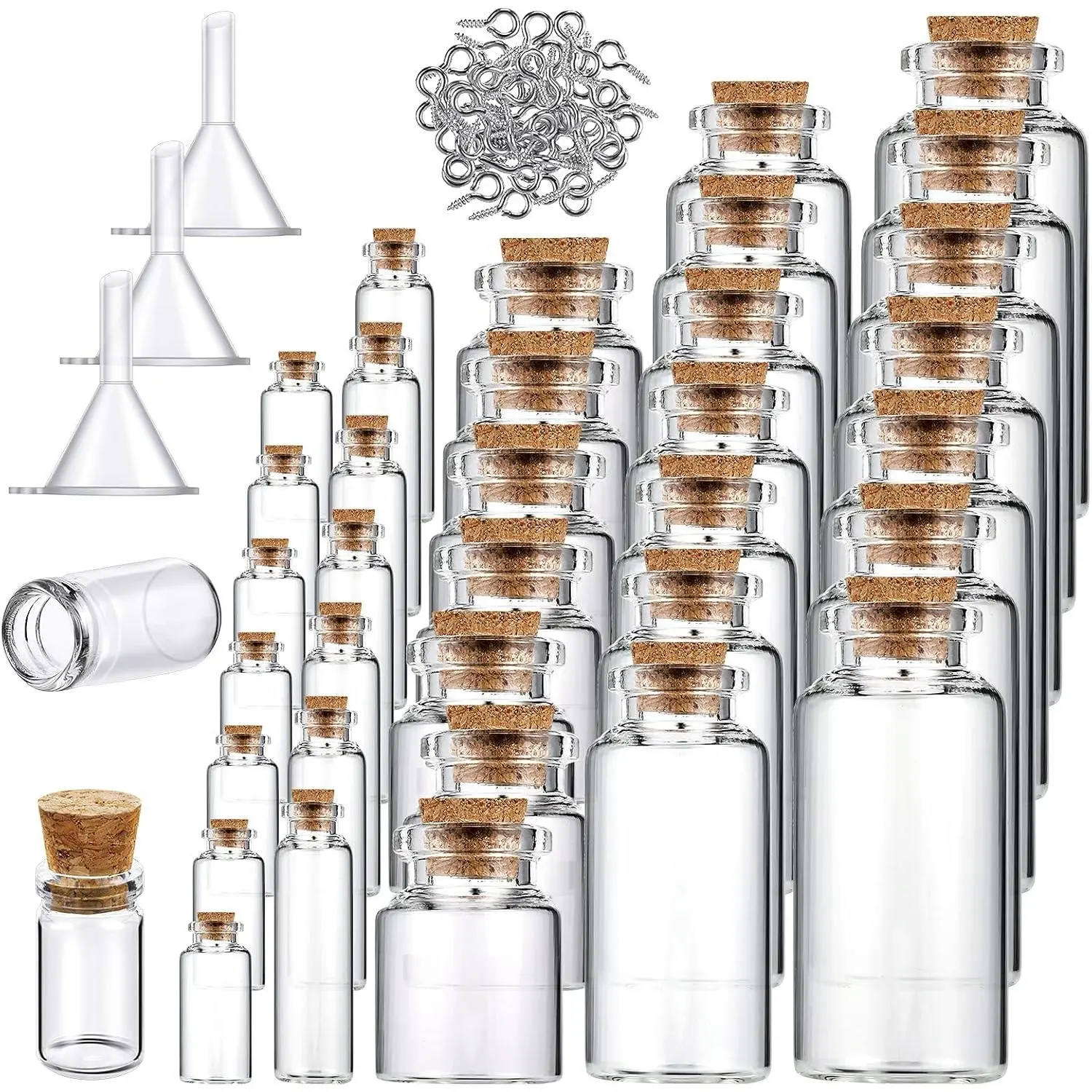 45 Pcs Mini Glass Bottles with Cork Stoppers Spell Jar Mini Glass Vials Potion Bottles Clear Wishing Jars with 50 Eye Screws 3 Funnels for Party Favors DIY Art Crafts Decoration