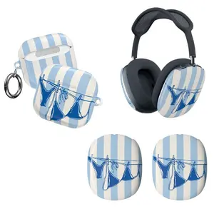 Summer Beach Hanging Bikini Striped Protective Case Cover for Apple AirPods Pro & AirPods Max Earcup Protectors, Light Blue White Stripe Cute Swimsuit Design Anti-Scratch Shell