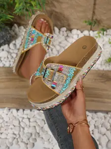 Women's Bohemian Beaded Thick Sole Sandals, Rhinestone Turquoise Decorative Open-Toe Slippers, Adjustable Buckle Boho Flat Sandals, Comfortable Summer Beach Shoes