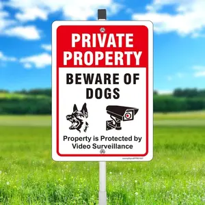 Private Property Sign Set with Caution Dog and Video Surveillance Warning, Yard Sign, Made of Aluminum Metal, UV Resistant, Durable Outdoor Use