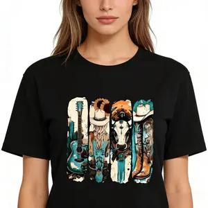 Vintage Western Cowboy Graphic T-Shirt For Women Featuring Boots Hats And Guitar Design In Soft Breathable Fabric Perfect For Casual Summer Wear