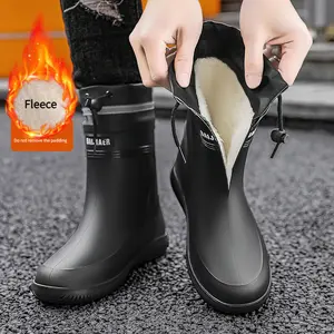 1pr Unisex Waterproof PVC Rain Boots - Fleece-Lined Anti-Slip Long Boots with Slip-On Closure for Camping, Fall/Winter Army Cold Weather Gear Black