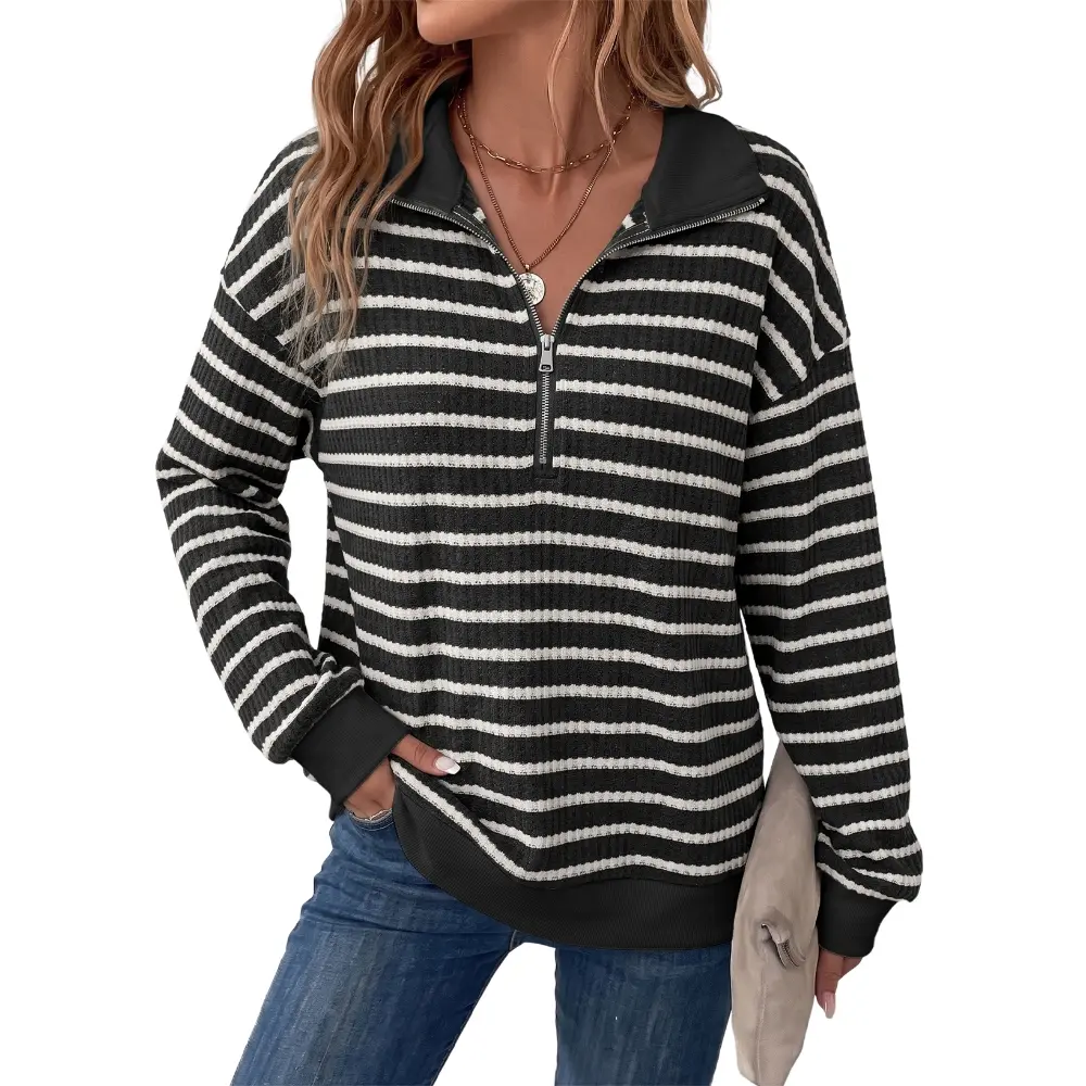 Dokotoo Womens Striped Quarter Zip Pullover Sweatshirt Long Sleeve Collared Casual Loose Fit Knit Top Cotton Waffle Textured Sweater Daily Wear