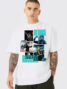 George Russell Graphic T-Shirt, Racing Driver Collage Print Tee, Number 63 Speed Car Shirt, Formula Style Streetwear Tee