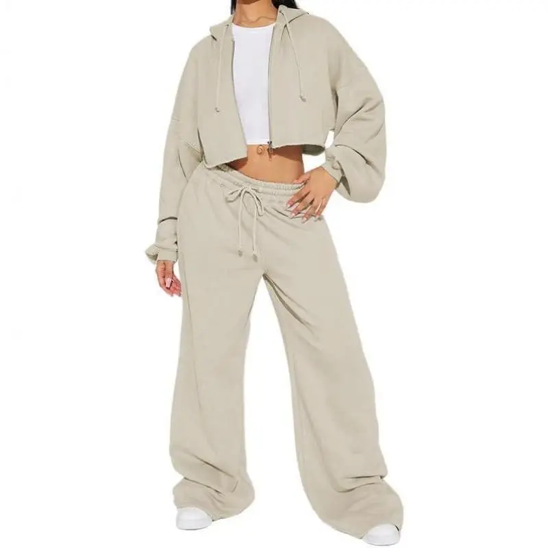 Women's zipper cardigan pants casual set, hooded sweatshirt jogging wide leg pants two-piece