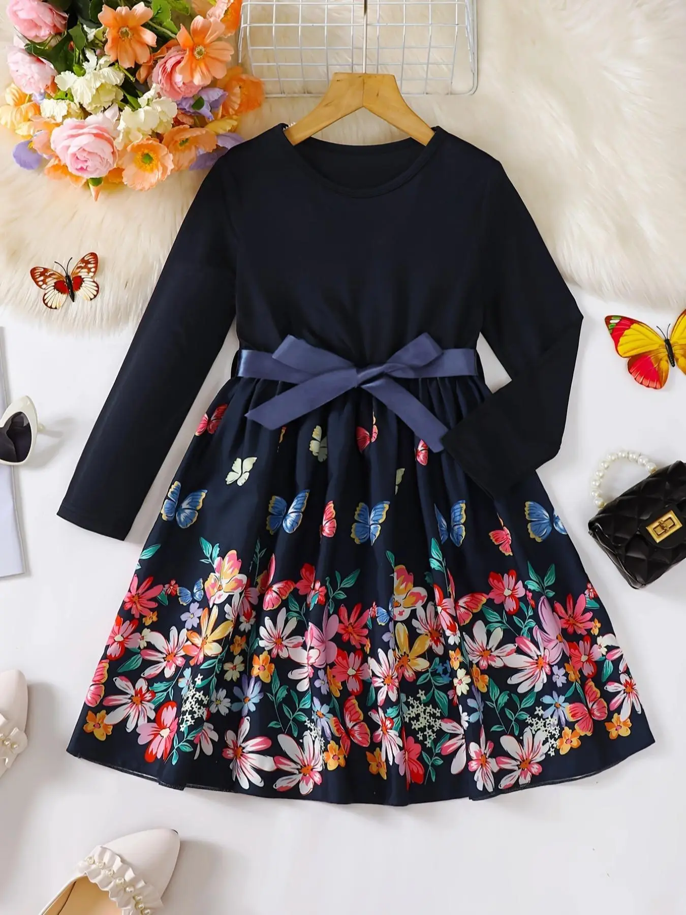 Girl's Floral & Butterfly Print Belted Dress, Elegant Long Sleeve Round Neck A Line Dress for Party Holiday Wedding Guest, Kids Fall & Winter Clothes