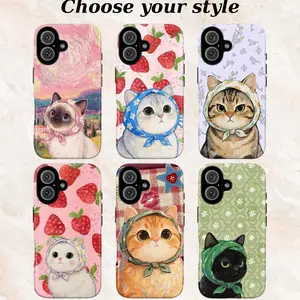 Vintage Cute Cat Silicon Shockproof Cellphone Case - Aesthetic Scarf & Flower Print Cover, Tough Camera Protection Shell for iPhone 11/12/13/14/15/16/17 Plus Pro Max Mini Devices