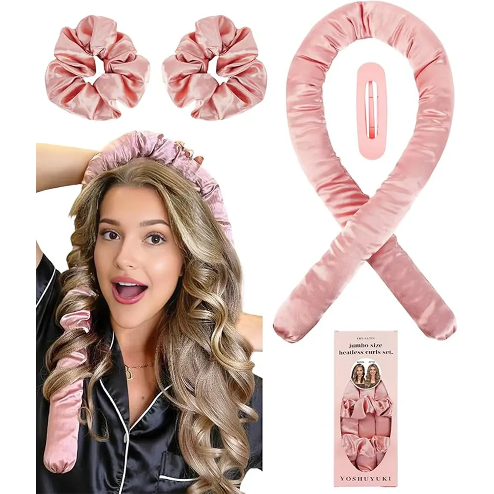 Heatless Hair Curling Rods Kit - Glide Satin XL Jumbo Rollers Set with Headband, Overnight Bed Wrap for Overnight Curls, Voluminous Hair, Frizz-Free Results, Multiple Colors, Heatless Curls