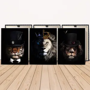 3 Counts Wooden Framed Canvas Painting, Elegant Tiger And Lion Royal Portraits, Exquisite Poster, Perfect Living Room Decoration, Modern Art, Fashion Family Poster, Wall Art Decoration, Waterproof Art