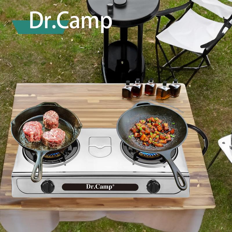 Dr.Camp 30000 BTU 2 burner outdoor garden camping camp hiking propane stove cooker grill with CSA listed regulator and gas hose, gray color