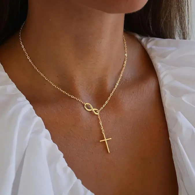 “Gold Infinity Cross Y-Necklace | Religious Eternal Faith Jewelry | Dainty Daily Wear & Gift for Her”