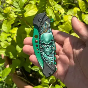 Green Pocket Knife Spring Assist Skull Design Belt Clip