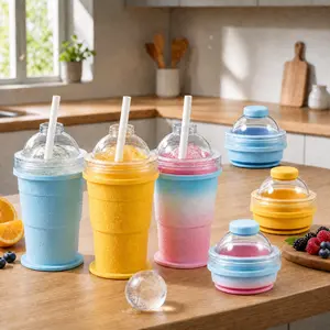 2-in-1 Collapsible Silicone Ice Ball Maker Cup, Portable Ice Cube Bottle with Straw & Lid, Foldable Ice Mold Cup, Leakproof Travel Tumbler for Iced Coffee, Juice & Summer Drinks