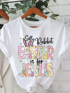Women'S Easter Bunny & Floral Graphic T-Shirt - Slim Fit Short Sleeve Crew Neck Top with "Silly Rabbit Easter is for Jesus" Print, Pastel Colors, Breathable Fabric for Spring/Summer, Church Events & Easter Celebrations - Machine Washable Christian A