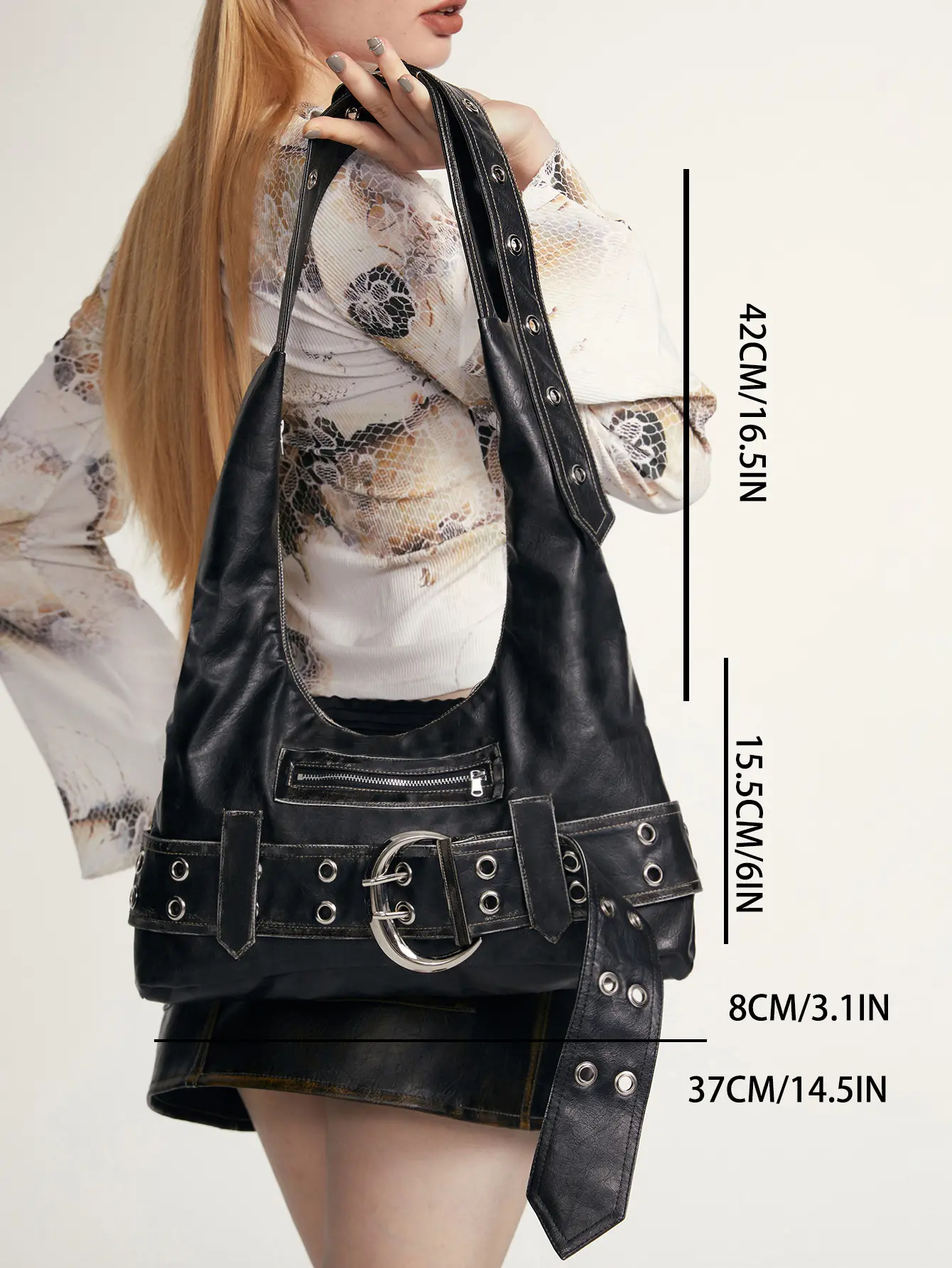 Y2K Grunge Black Hobo Bag with Belt Accent - Edgy Shoulder Purse 
