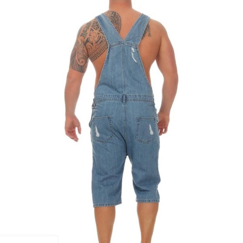 Plus Size S-3XL Men Denim Overalls Jumpsuit Shorts Ripped Hole Suspender Bib Jean Pants Cargo Work Summer Casual Slim Loose Street Wear Outfit Black Blue