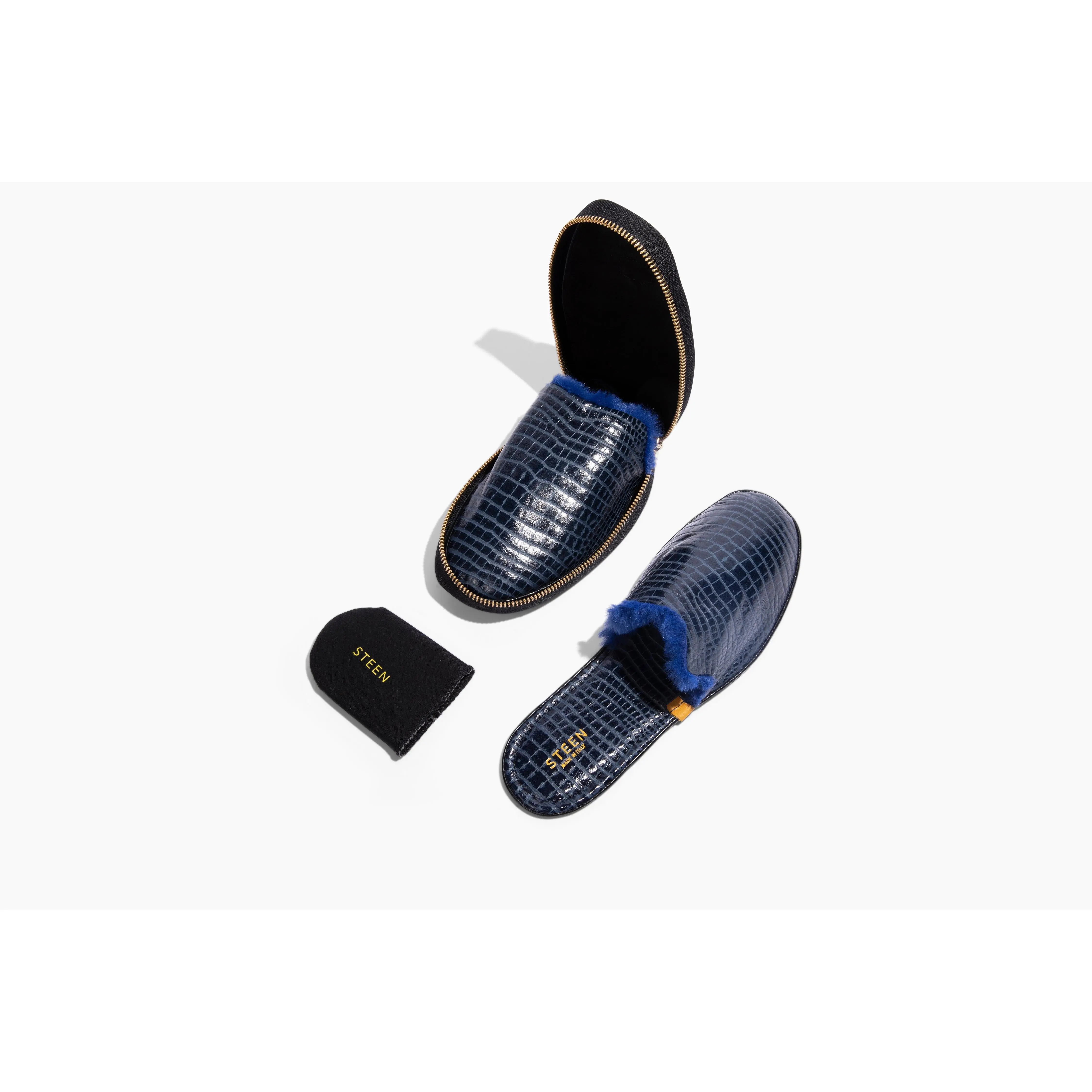 Mens Navy Blue Crocodile Embossed Leather Foldable Slipper with Eco-Fur