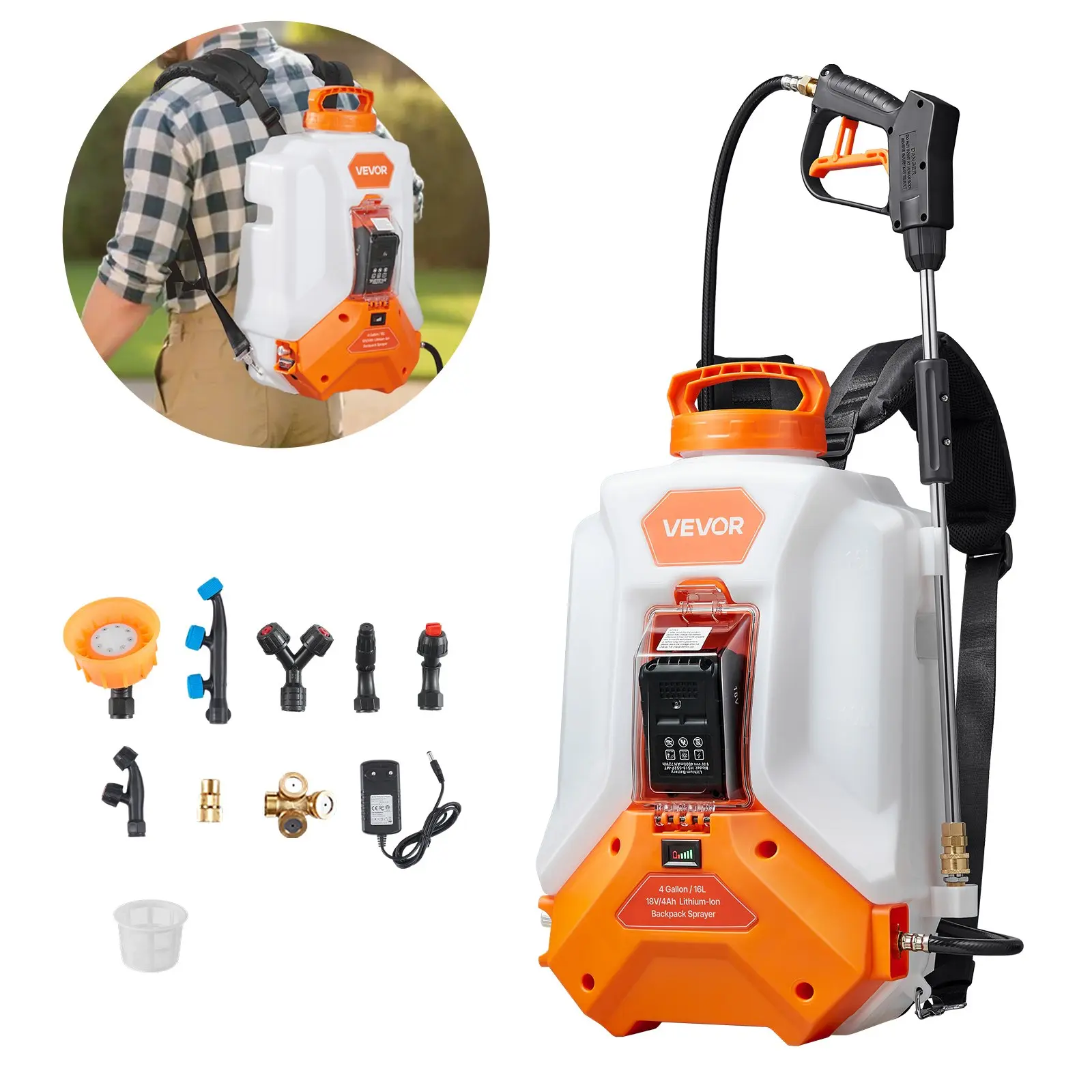 VEVOR Battery Powered Backpack Sprayer, 4 Gallons Electric Backpack Sprayer, 2 Wands & 8 Nozzles, Adjustable 0-90 PSI, 4H Runtime, Portable Yard Garden Lawn Sprayers for Weeding Spraying Cleaning, Leakproof, 4Gal