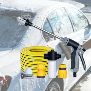 Multi-Purpose Long Pole High Pressure Water Gun Car Wash Tool, Adjustable Nozzle 5m-20m Soft Hose, Foam Bucket Included, Plug-And-Play