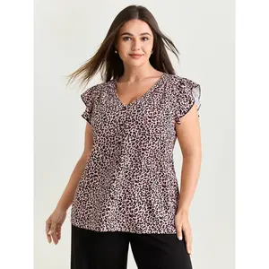 BloomChic Women's Plus Size Leopard Print Flutter-Sleeve Button Blouse, Smooth Polyester Fabric Garment, M-6X 2026 Summer Mother's Day Pick Swimweek
