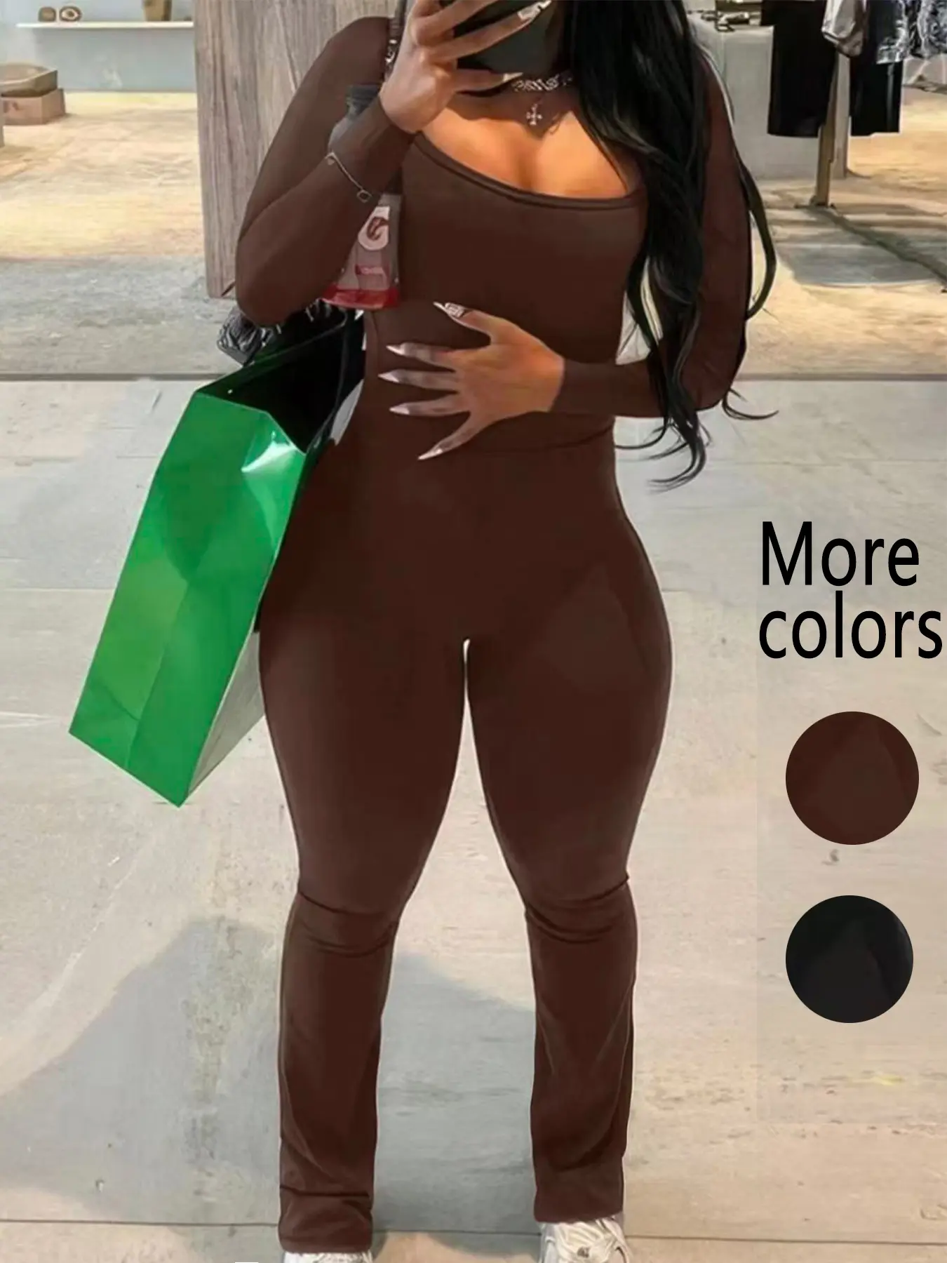 1 Piece Women's Flare Jumpsuit, Trendy Street Style, Chic Casual Jumpsuit, Stretchy Fabric & Bodycon Fit, Highlights Curves & Comfortable to Wear, Suitable for Women's Streetwear, Casual Shopping, Flared Jumpsuit