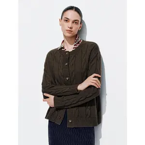 URBAN REVIVO 2026 Spring New Women's Long-Sleeve Casual Shimmer Cable Wool Cardigan, Button-Up Plaid Knitwear Tops with Polyamide Blend Fabric, Slight Stretch, Women's Clothes, UYY950122+