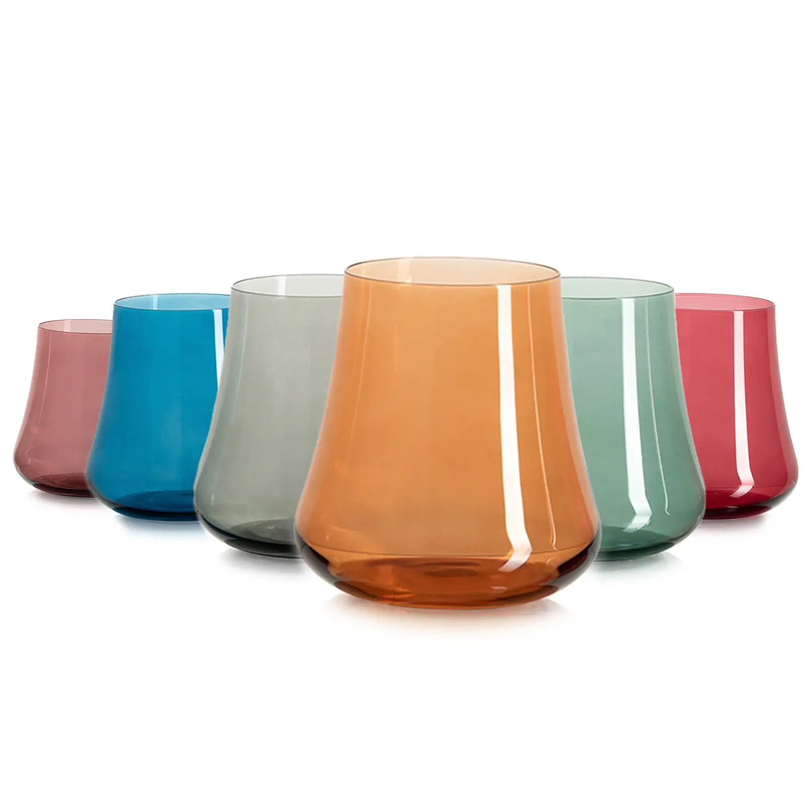 Crystal Colored Stemless Wine Glasses, Set of 6, 15oz Hand Blown Lead-free, Tapered Rim, Stable Base, Ready to Gift for Wine Lover