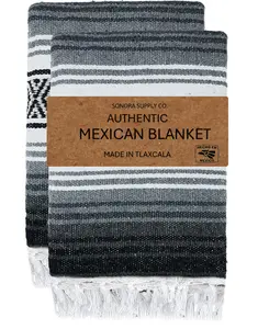 Authentic Mexican Handwoven Blanket - Made in Tlaxcala - 70 x 50 inches, Grey/Black/White