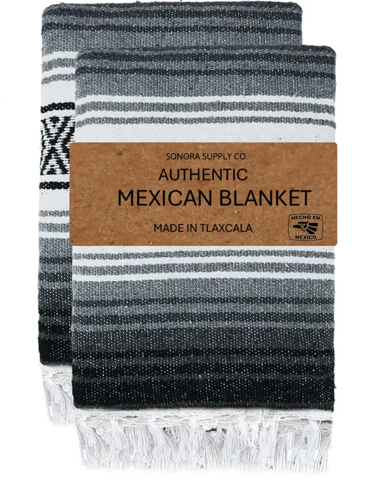 Authentic Mexican Handwoven Blanket - Made in Tlaxcala - 70 x 50 inches, Grey/Black/White