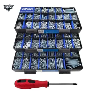 2600 Piece DIY-Friendly Bolt and Nut Hardware Assortment Kit – Diverse Bolts, Screws, Washers & Nuts with 3-Tier Storage for Home Projects