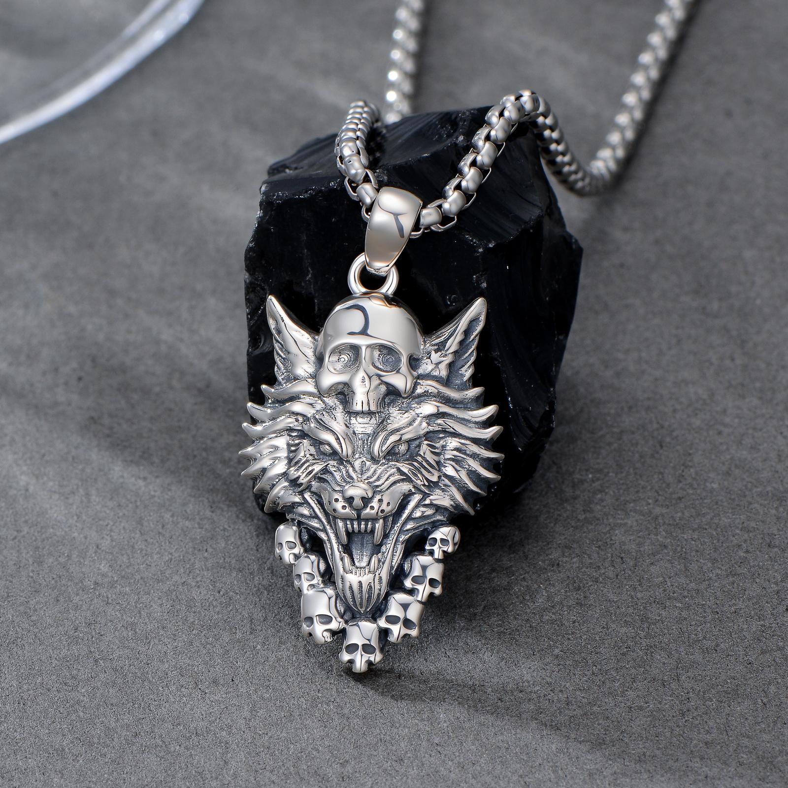 MEIDERBO Dream Chaser Wolf Skull Necklace for Men 925 Sterling Silver Oxidized Finish Wild Animal Pendant Captain Steel Style Stainless Steel Bead Chain 22+2 Inch