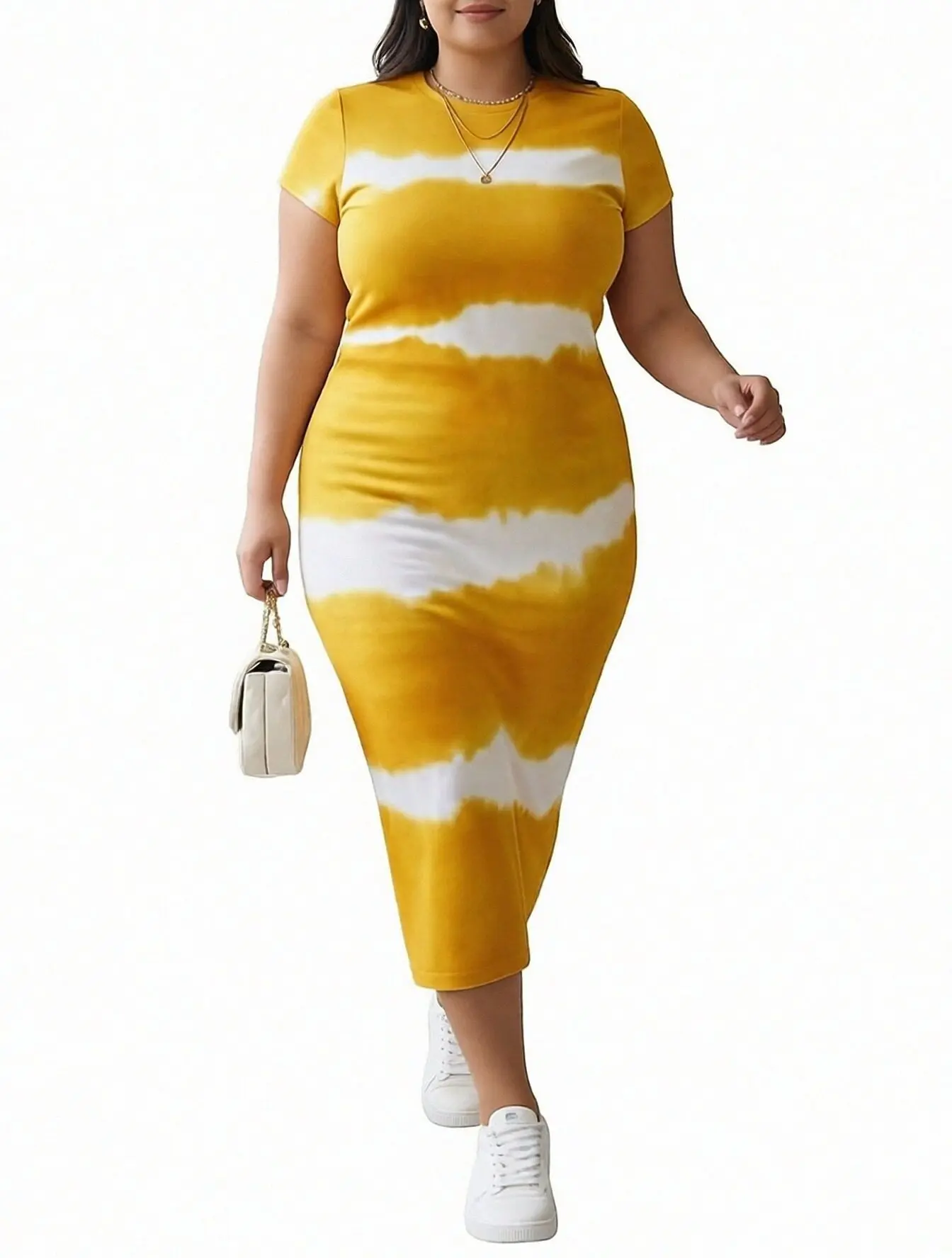 Plus Size Women's Athletic Dress - Shortsleeve Striped Tie-Dye Bodycon Midi in Stretchy Polyester Knit, Casual Summer Sportswear, Plussize, Round Neck, Fashion Apparel, Women's Clothes, Dresses, Clothes For Women