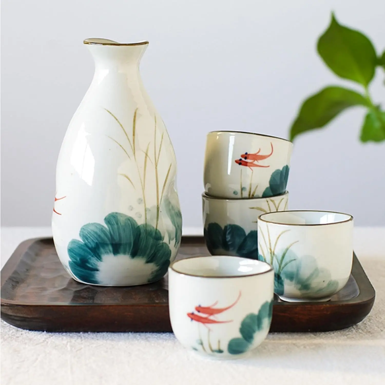 Elegant 5-Piece Antique Look Ceramic Japanese Sake Set - Kitchen Kitchenware, 8 fl oz Concave Neck Tokkuri Bottle, Beautiful Hand-Painted Fish Design, Durable Microwave-Safe Porcelain, 2 fl oz Ochoko Cups, Dishwasher Safe, Versatile for Soju, Tea