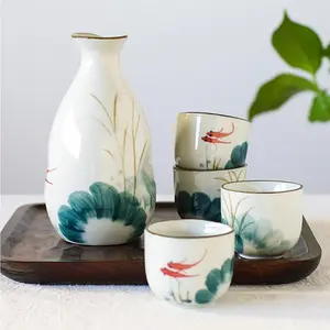 5 Pieces Ceramic Japanese Sake Set Soju Tea Set, Porcelain Sake Tokkuri Bottle 8 fl oz and 2 fl oz Sake Ochoko Cups Tumblers Dinnerware