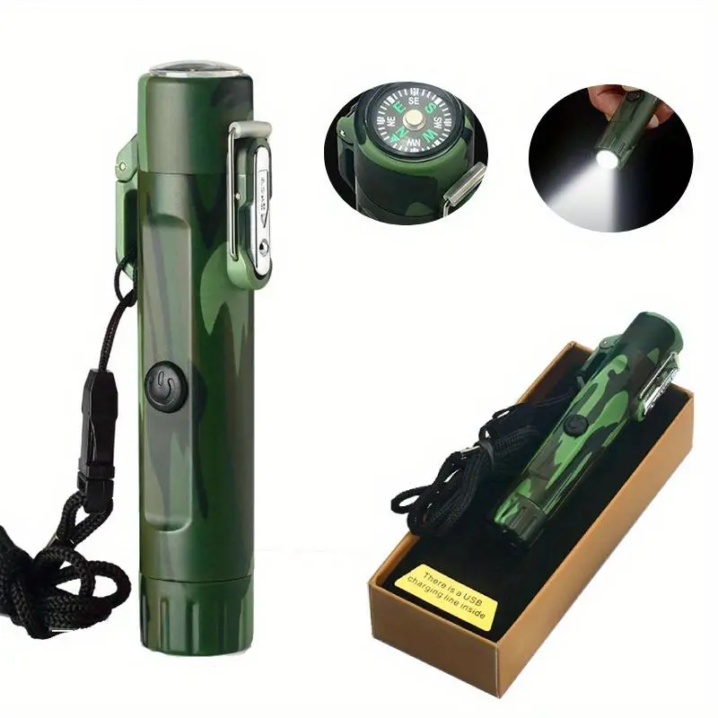 3-in-1 Electric Lighter, Compass-Flashlight-Lighter, Portable Flameless Lighter With Lanyard, Outdoor Windproof Lighter, Suitable For Camping, Hiking, Candles, Barbecue Lighters