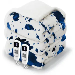 Cow Print Electric Heated Blanket Queen-Dual Control Heating Blanket Queen Size with 10 Heat Levels & 10 Hours Auto-Off, Cozy Soft Fleece Sherpa, Washable, 84x90 Inche Cow Print Blue