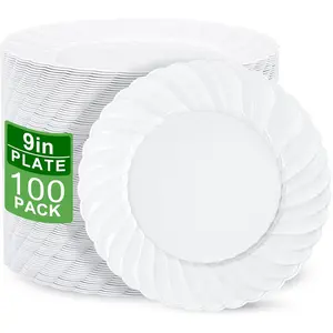 100 count White Plastic Plates - 9 Inch White Disposable Plates - Washable &  -  Hard Plates - Party Supplies for Party, Celebrations, Travel, Wedding, Party and Events