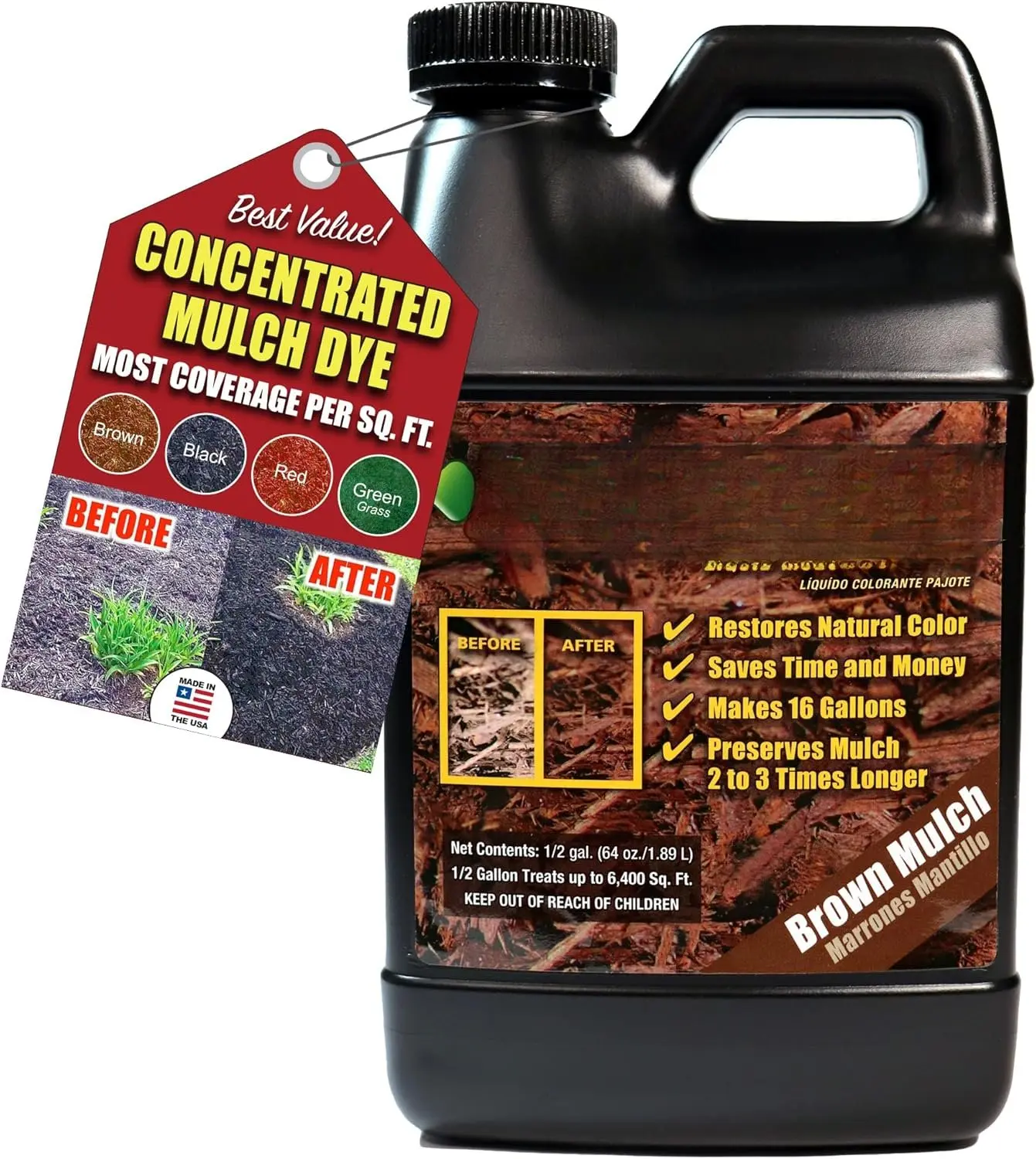Brown Mulch Dye, 12,800 Square  Coverage  Mulch Colorant for Landscaping & Garden Beds,  Mulch Dye, Mulch Color Restorer & Playground Bark Mulch,  Mulch , 1-Gallon