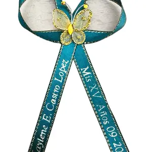Customized Blue Event Decor Ribbons with White Rose Accent - Personalized for Quinceañera, Baptism Ceremonies, Office Stationery Gifts & Special Celebrations, Ceremony