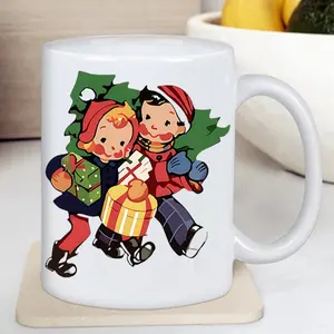 Festive Christmas Elf Ceramic Coffee Mug - Insulated & Reusable - Ideal for Hot & Cold Beverages, Machine Washable - Perfect Holiday Gift for All Ages - Charming Design with Youngsters in Winter Attire & Holding Gifts - White