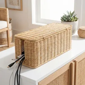 Desktop Cable Management Box with Lid & Imitation Rattan Woven Cover - Cord Suitable for Power Strips, Outlet Cover, Cable Storage Box for Home Office,, Desk - Cord Concealer for Power Strip, Data Cable Holder, Space-Saving