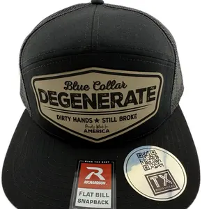 Richardson Blue Collar Degenerate 7 Panel Hat with Custom Engraved Leathered Patch Flat Bill Snapback