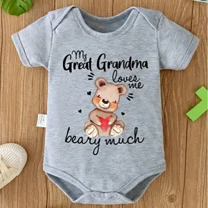 Great Grandma Lettering Newborn Romper Short Sleeve Round Neck Jumpsuit Baby First Outfit for Outdoor Play Baby Shower Gift Adorable Bear Design Soft Baby Grade Fabric Snap Closure Neutral Gray