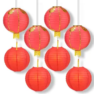 8 PACK Red Chinese New Year Parallel Ribbing Round Paper Lantern, Hanging Combo Set