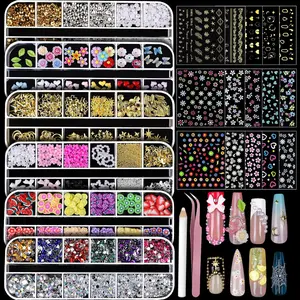 Nail Charms and Gems Nail Art Tools, 6 Boxes 3D Nail Gems with 15 Sheets Nail Stickers for Nail Art, Flower Nail Stickers Nail Rhinestones Nail Supplies, Nail Pearls Nail Stuff Nail Decor