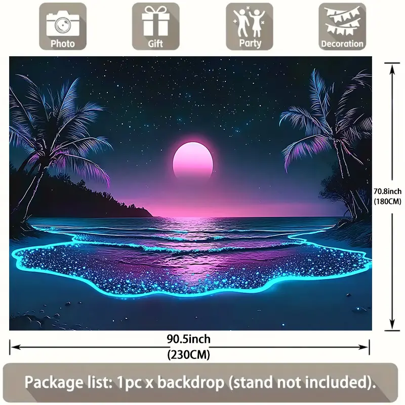 1pc UV Black Light Reactive Tapestry Wall Hanging - Neon Nightscape Beach Glows Under Fluorescent Light, No Electricity Needed, Horizontal Tropical Palm Tree & Starry Sky Design for Living Room, Bedroom, Dorm Decor, Bedroom Ambiance |       natureinspired
