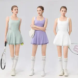Solid Color Spliced Lace Tennis Dress Back Cross Strap Casual Sports Dress Two Piece Badminton Skirt Outfit