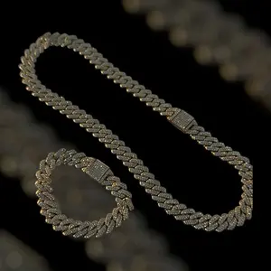 Set 2Pcs 14K Gold Plated with Austrian Rhinestones Miami Cuban Link Chain Italy & Micro Inspired Unisex Iced Out Hip Hop Necklace & Bracelet (20in+8in) for Men & Women Jewelry,Daily Wear, Casual Fashion, Sporty Style, Gift Idea