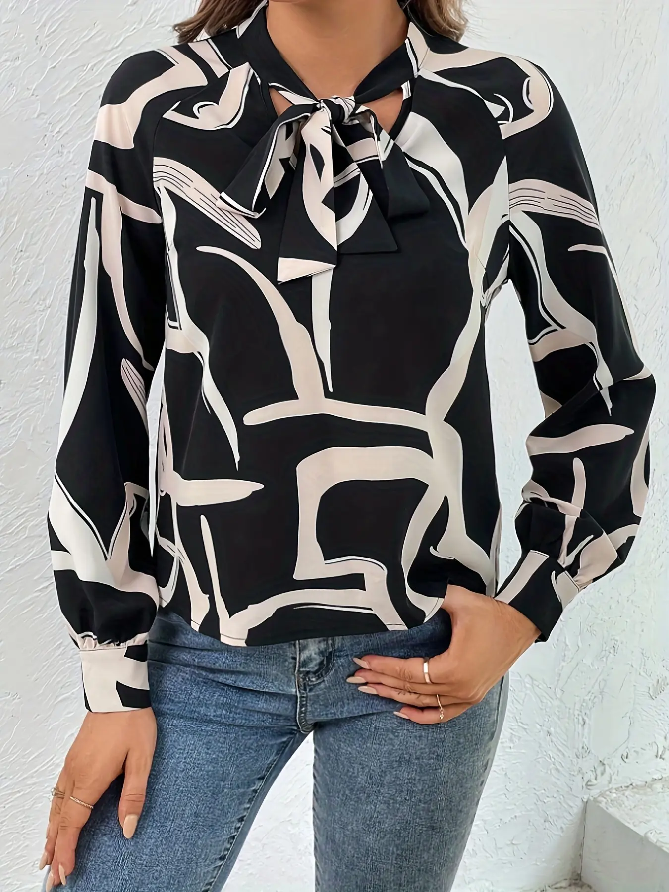 One women's multi-color geometric pattern printed collared Loose Woven Blouse shirt top with long sleeves, suitable for both Everyday casual, Workwear and professional wear, ideal for daily office outfits.