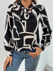 One women's multi-color geometric pattern printed collared shirt with long sleeves, suitable for both casual and professional wear, ideal for daily office outfits.
